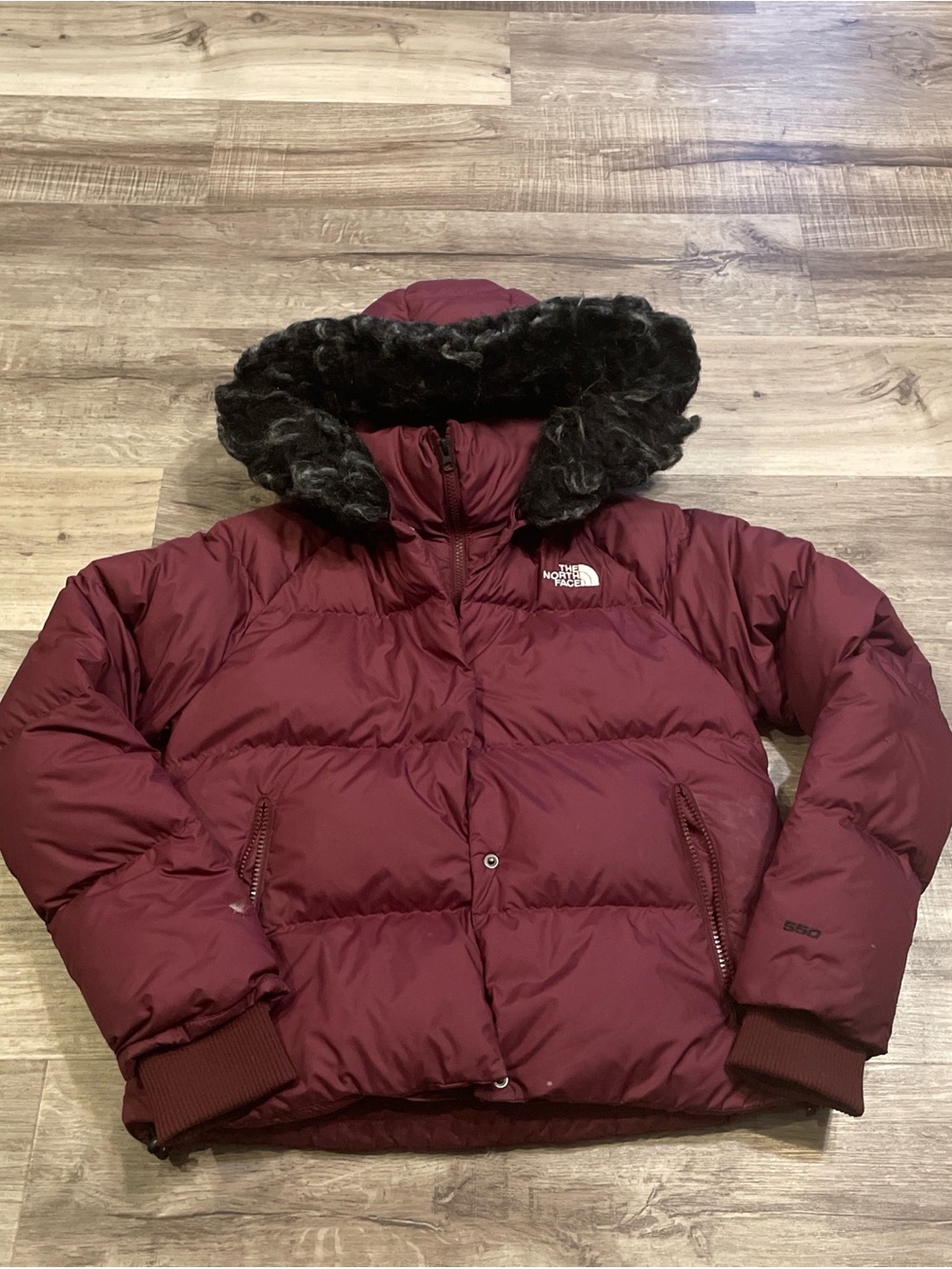 The North Face Maroon Down Puffer Jacket with Faux Fur Trim